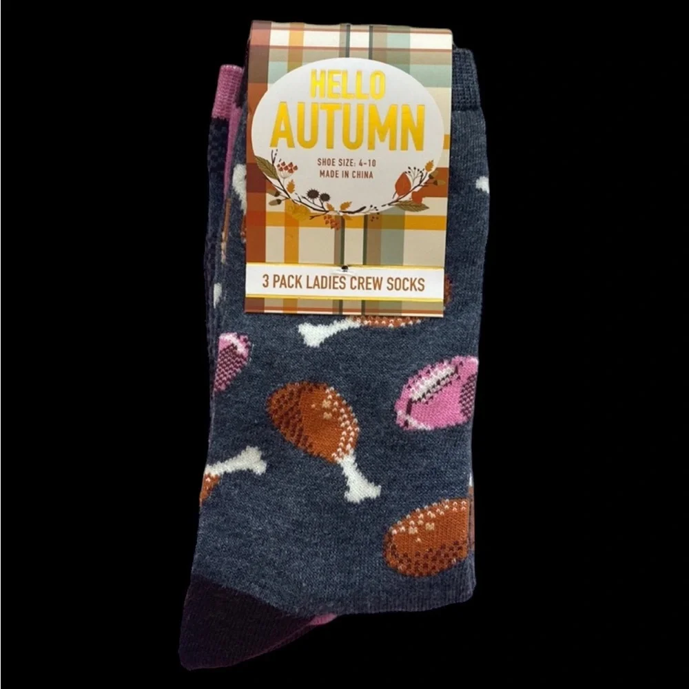 3-PACK HELLO AUTUMN Ladies Crew Socks Shoe Size‎ 4-10